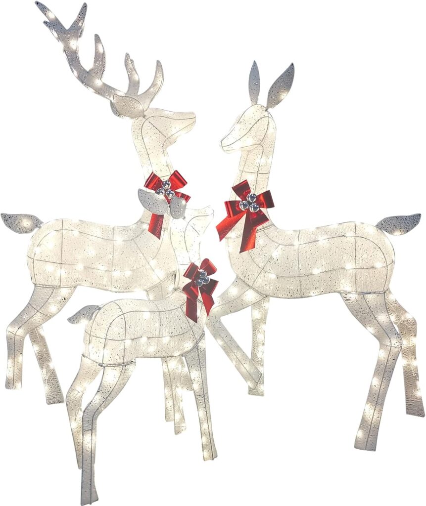 3Pack 5FT Lighted Reindeer Christmas Outdoor Decorations Deer Family Set,360 LED Lights White Glittered 60 Buck 54 Doe 36 Fawn Set for Indoor, Home Lawn, Yard, Garden, Patio, Plug-in Deer Decor