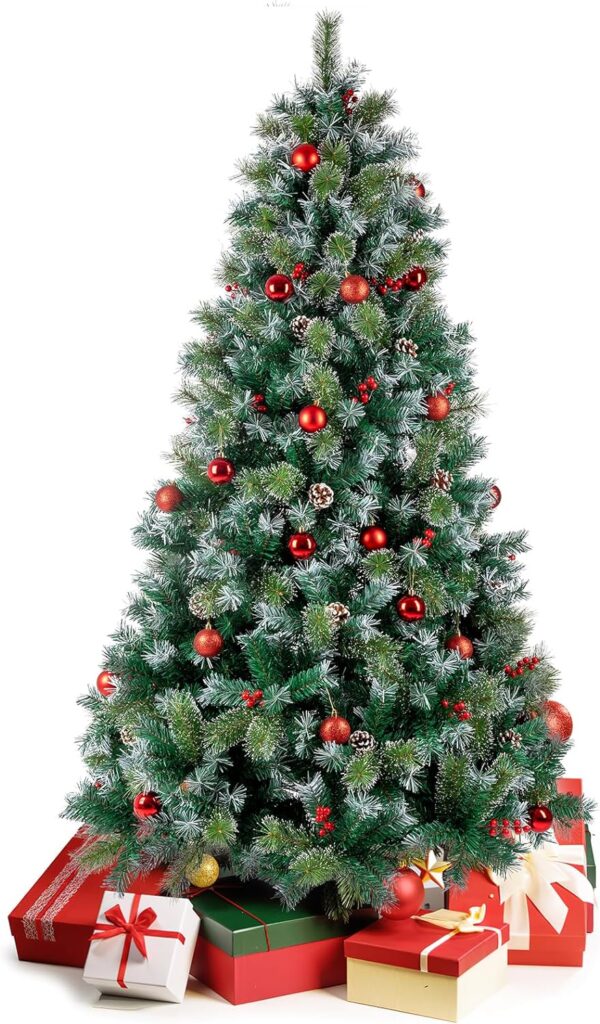 susici 7.5ft Pre-Lit Artificial Christmas Tree, Snowy Flocked Christmas Tree with 450 LED Lights1500 Branch Tips,Pine Cones Berries,Indoor Fake Xmas Tree Decoration for Home, Office, Party