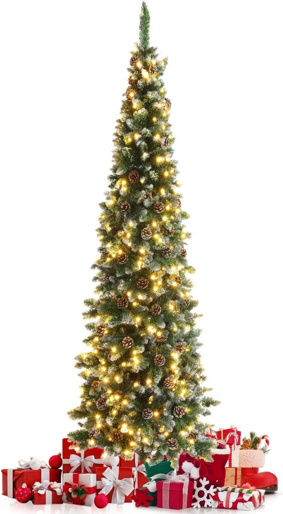 TOMSHOO 7.5 Ft Artificial Pencil Christmas Tree Pre-Lit Holiday Tree with Clear Lights Easy Storage Pinecones 955 PVC Flocked Frosted Tips 400 LED Warm White Lights Included Slim Style Trees (7.5FT)