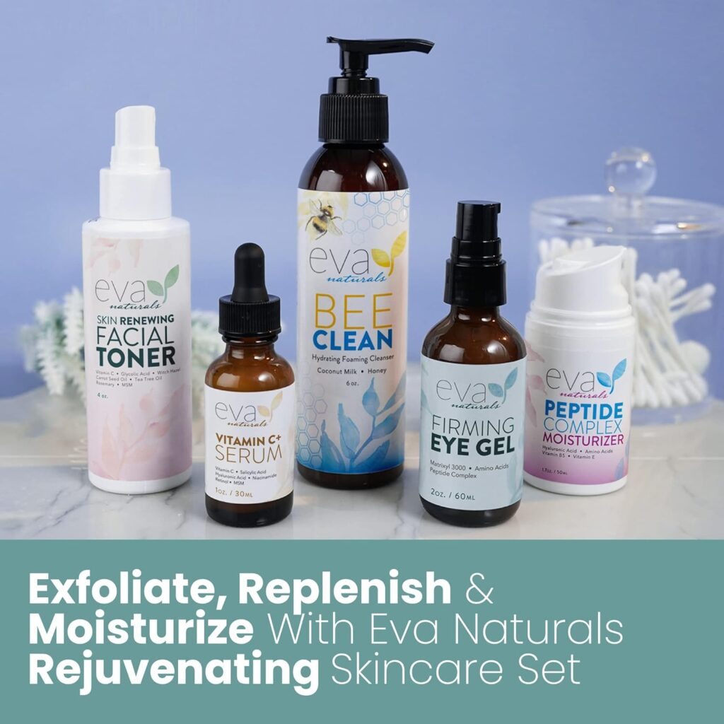 Eva Naturals Rejuvenating Skin Care Set - Exfoliate, Replenish  Moisturize With Vitamin C Plus Serum, Bee Clean Cleanser, Eye Gel, Face Moisturizer  Toner - Perfect Facial Cleanser Bundle