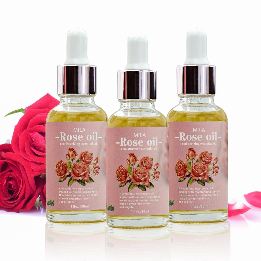 MR.A 3 Pack Organic Facial Rose Oil to Moisturizing Skin, Face Oil with 10 Natural Ingredients, Rose Essential Oil, Natural Skincare Product, Rose Body Oil and Face Serums, 1 Fl Oz