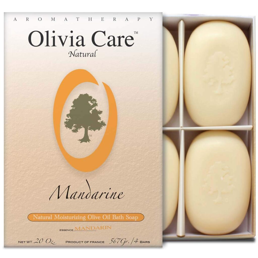 Olivia Care Bath  Body Bar Mandarin Soap 4 Pack Gift Box Organic, Vegan  Natural Contains Olive Oil Repairs, Hydrates, Moisturizes  Deep Cleans Good for Sensitive Dry Skin Made in USA