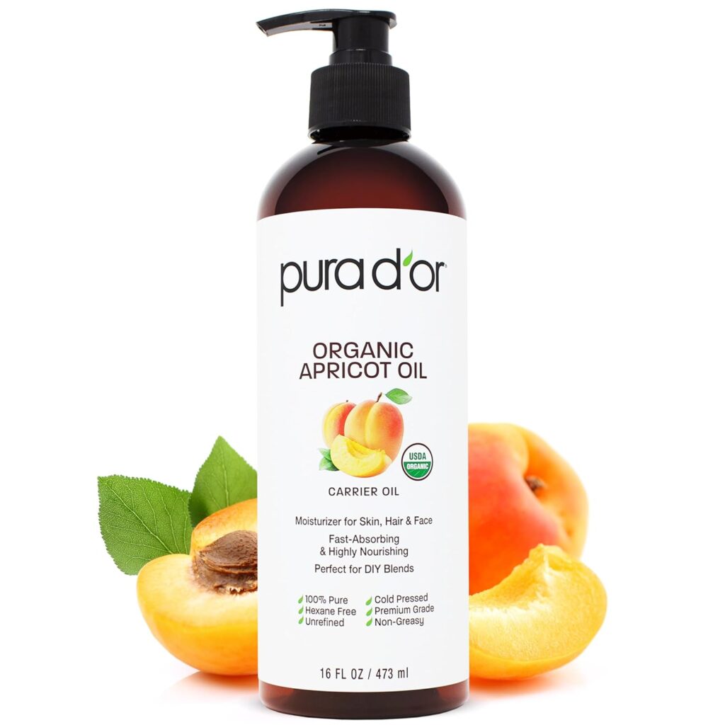 PURA DOR 16 Oz ORGANIC Apricot Kernel Oil - 100% Pure  Natural USDA Certified Cold Pressed Carrier Oil - Antioxidant Rich - Unscented, Hexane Free Liquid Moisturizer - Face Skin  Hair - Men  Women